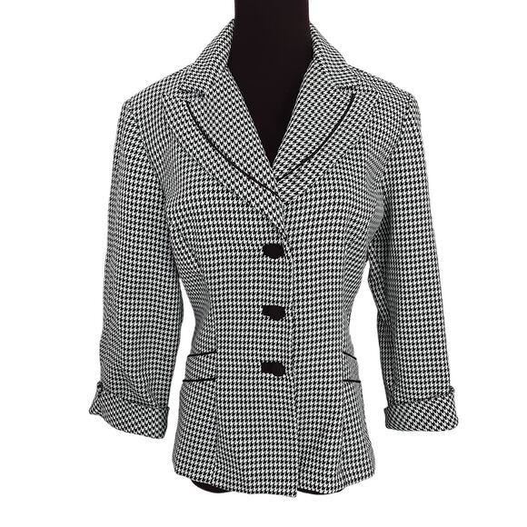 Vintage 80s Single Breasted Blazer Jacket Mint Black Houndstooth Womens 10 Retro - Picture 1 of 11